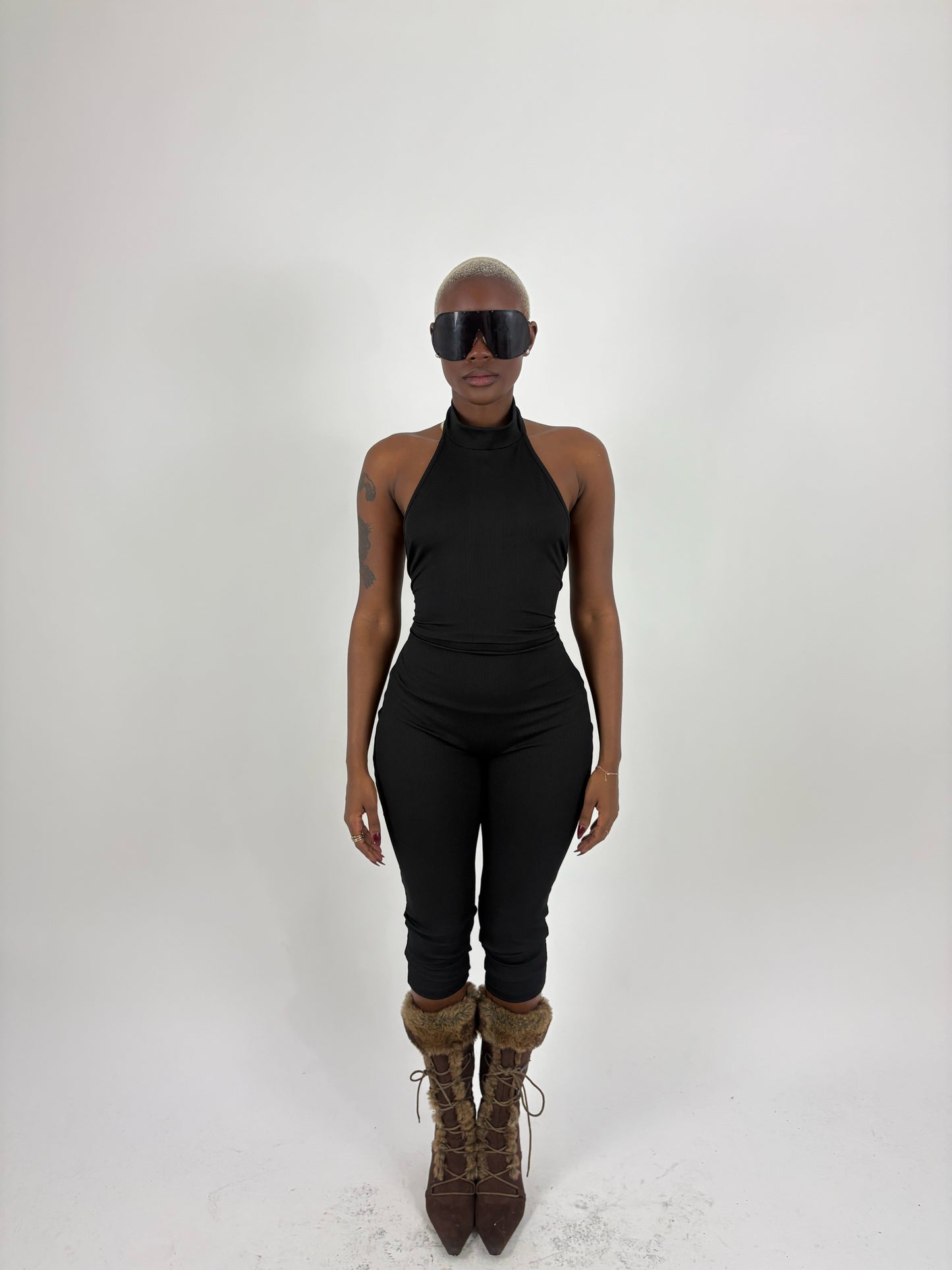 Black high neck capri jumpsuit